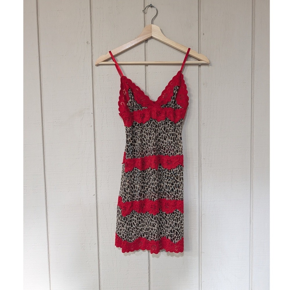 Vintage Y2K Rampage Leopard Print Red Lace Trim Mesh‎ Chemise Slip Dress S